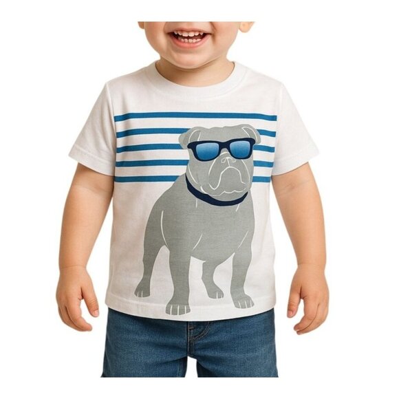 Lee Boys Blue Striped Graphic Tee Bulldog Print 2T Playful Dog Design Shirt Fun - Picture 1 of 5